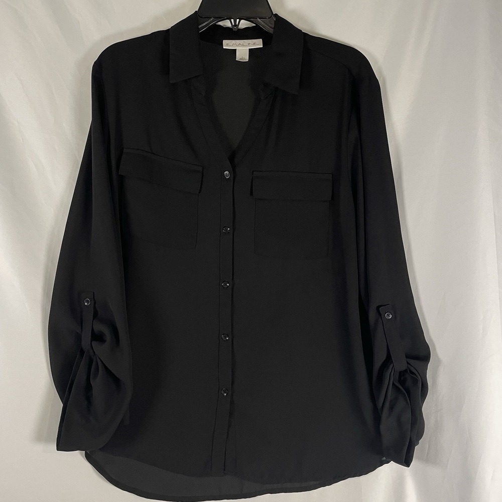 Emaline Blouse Top Womens Large Black V-Neck Collar Buttons Pockets Long Sleeves